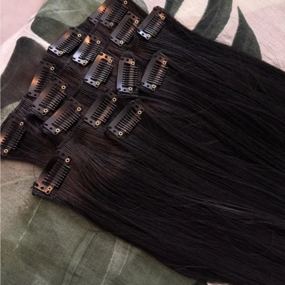 HUMAN HAIR BLEND 24 In Black Clip in Hair Extensions Straight Beautiful Hair - Picture 2 of 6